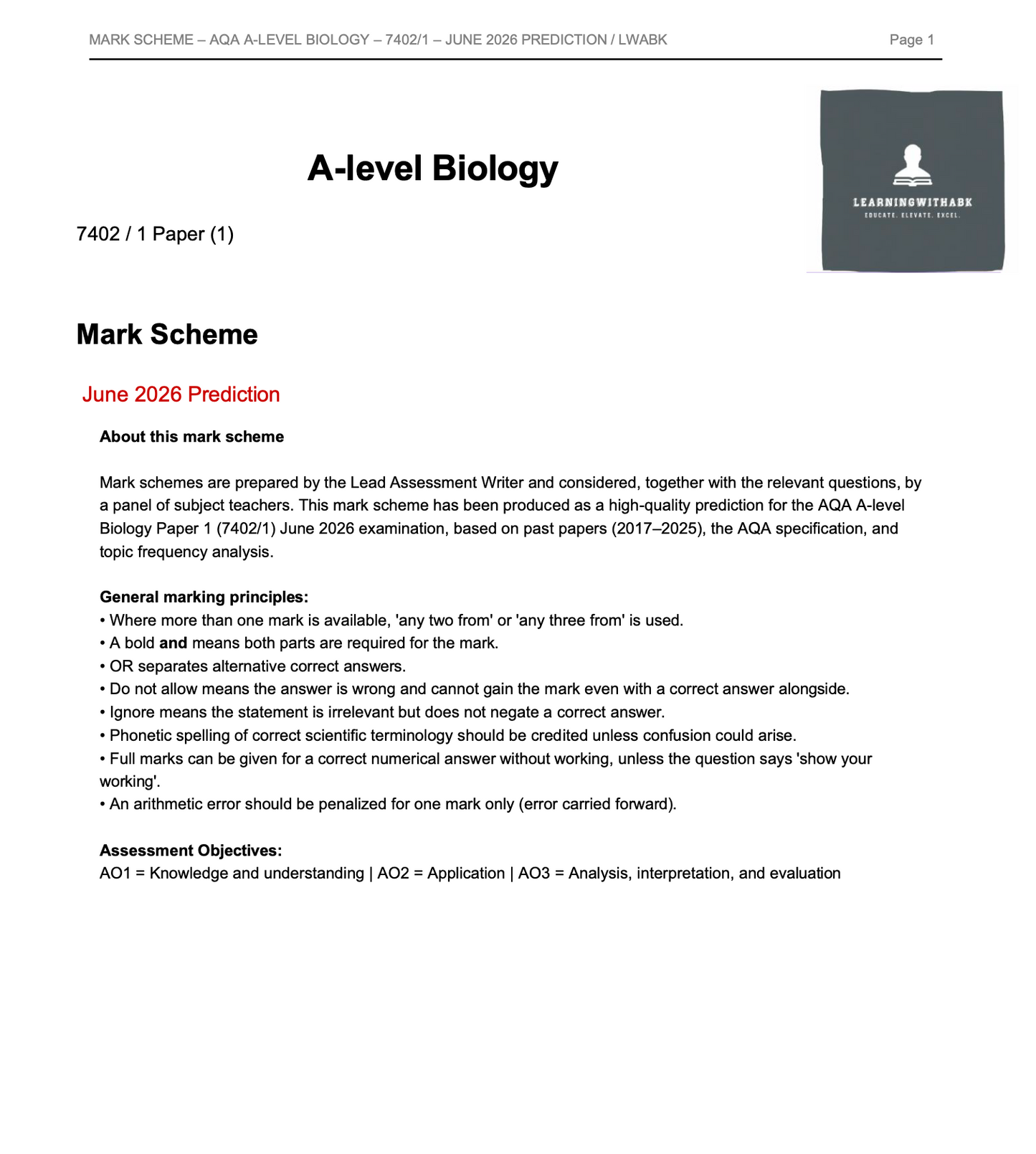 AQA A-LEVEL BIOLOGY 2026 PAPER 1 PREDICTION PAPER + MARK SCHEME