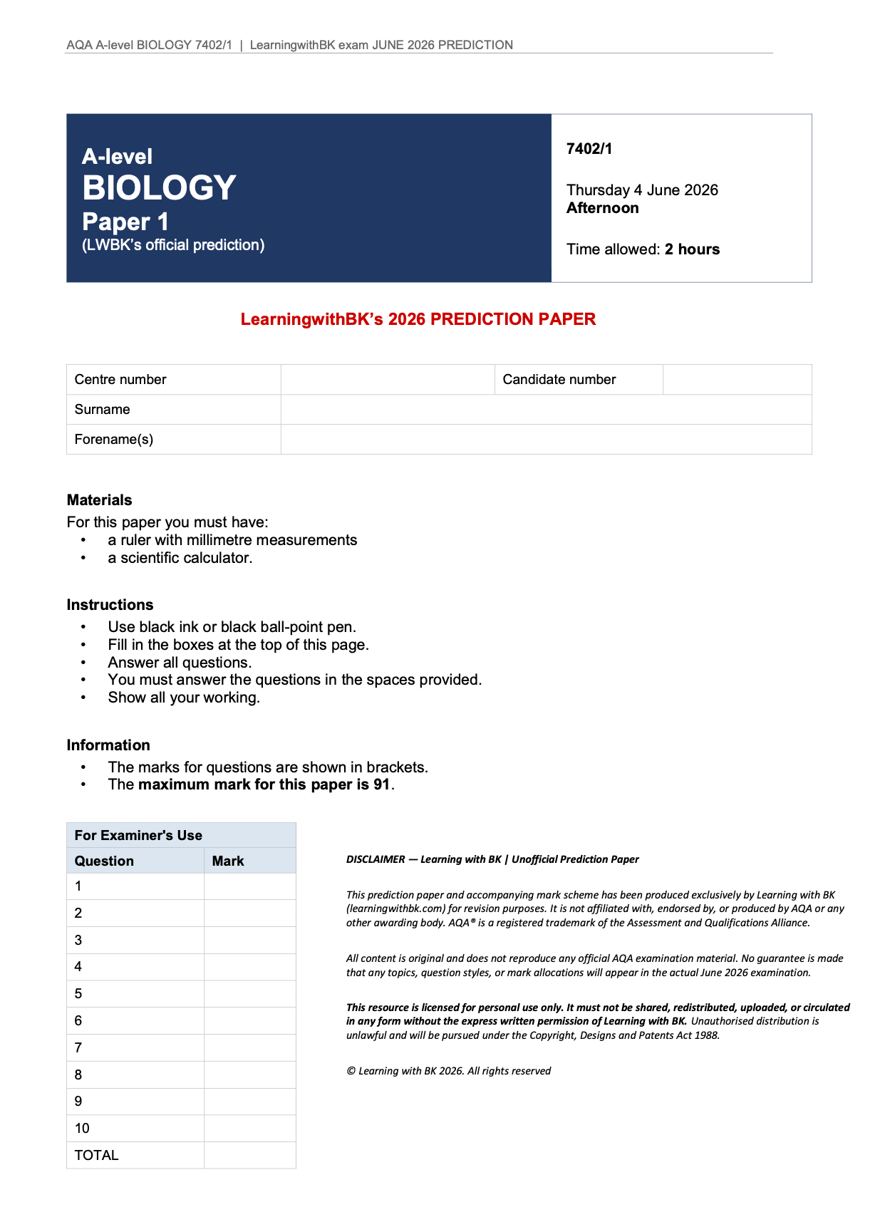 AQA A-LEVEL BIOLOGY 2026 PAPER 1 PREDICTION PAPER + MARK SCHEME