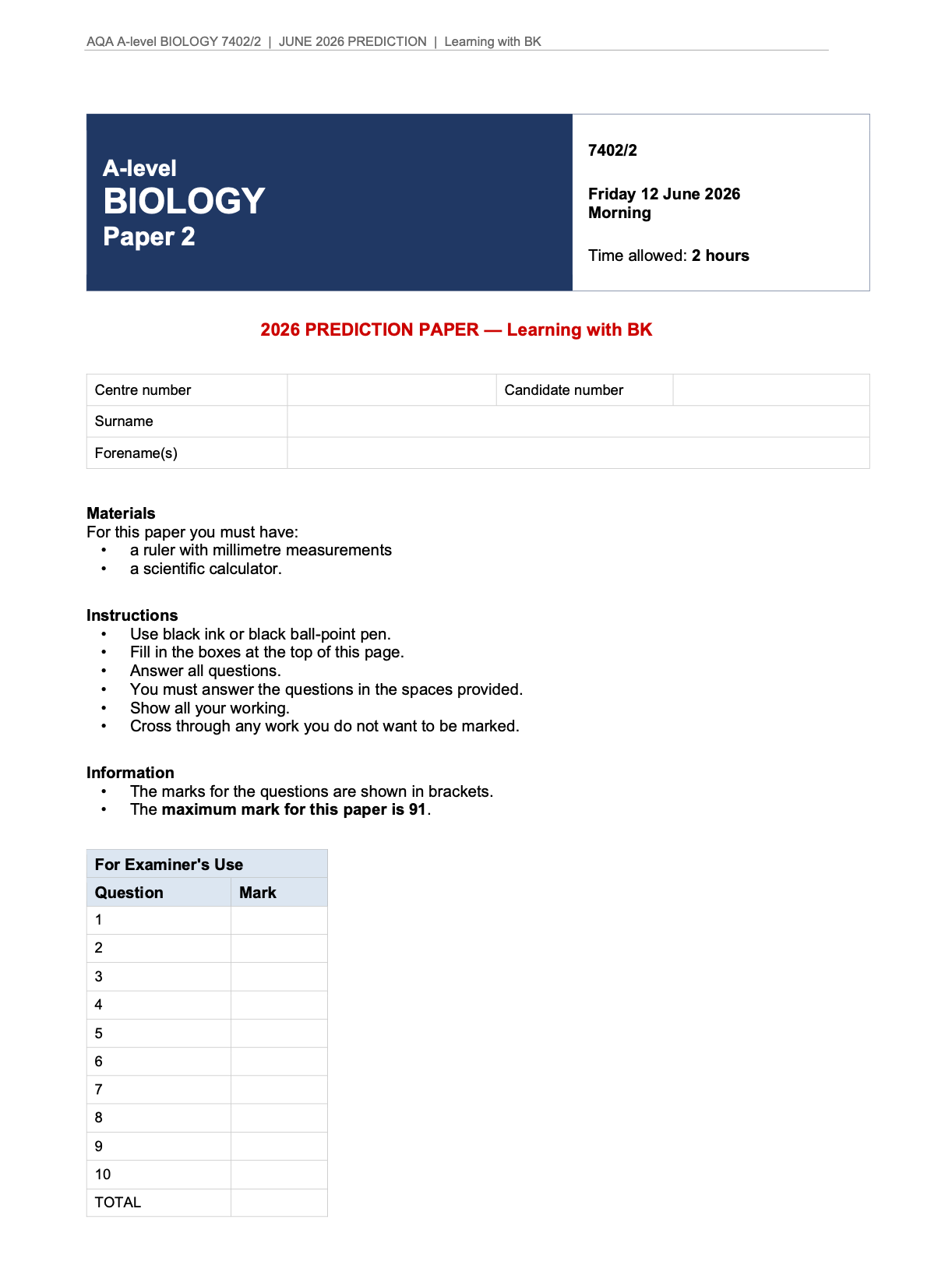 AQA A-LEVEL BIOLOGY 2026 PAPER 2 PREDICTION PAPER + MARK SCHEME
