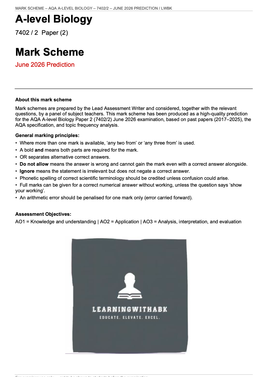 AQA A-LEVEL BIOLOGY 2026 PAPER 2 PREDICTION PAPER + MARK SCHEME