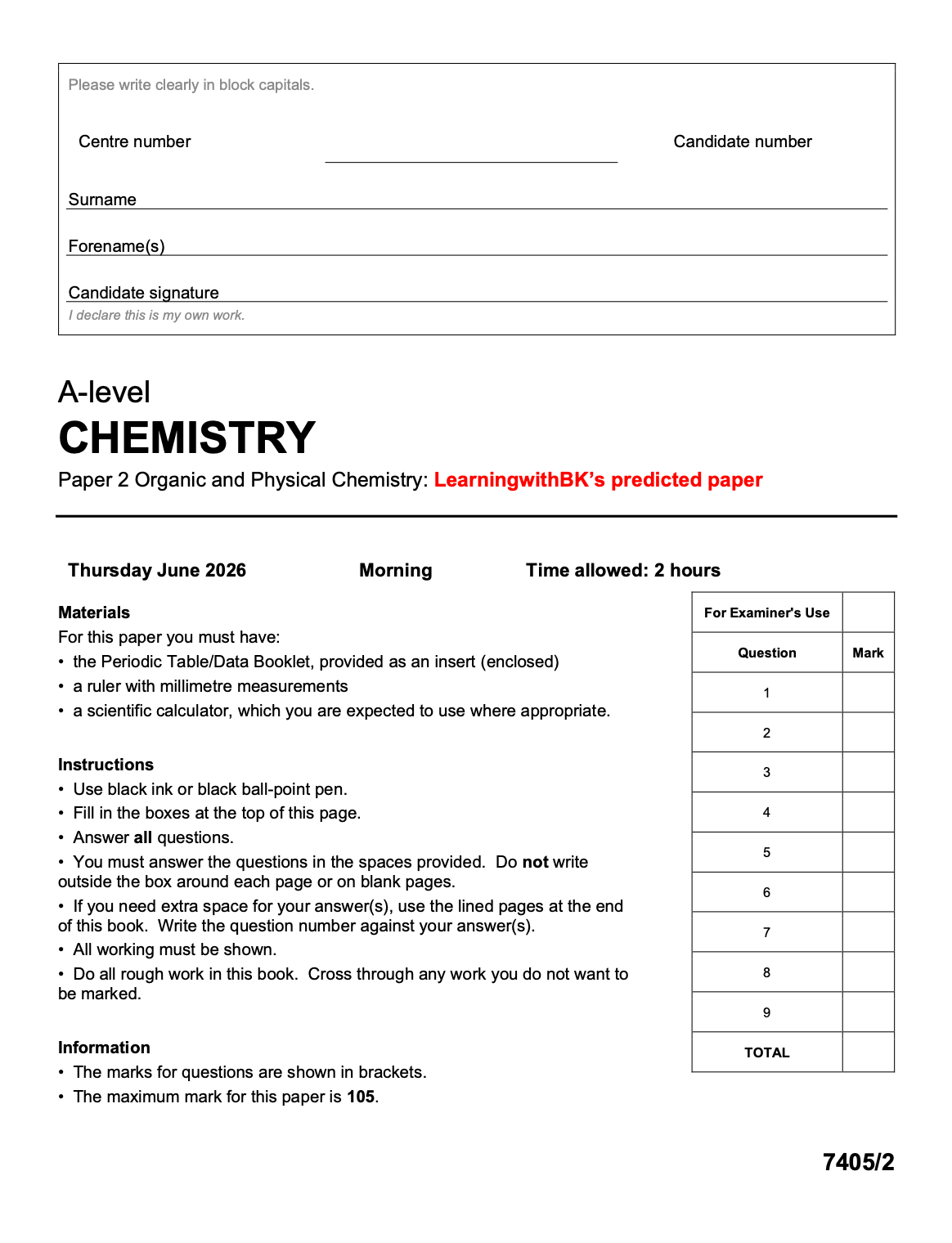 AQA A-LEVEL CHEMISTRY 2026 PAPER 2 PREDICTION PAPER + MARK SCHEME