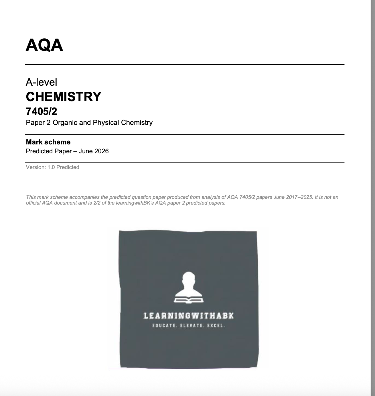 AQA A-LEVEL CHEMISTRY 2026 PAPER 2 PREDICTION PAPER + MARK SCHEME