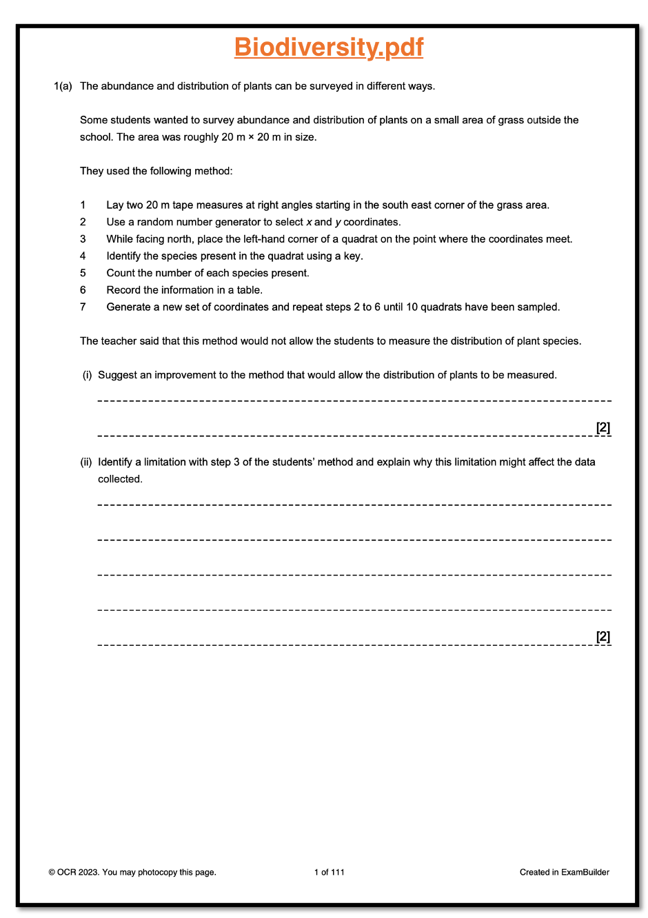 QUESTION BANK - OCR A-LEVEL BIOLOGY INCLUDING the 2025 papers
